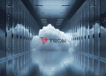 A stylized image of the TRON and Google Cloud logos merging together, symbolizing their partnership and collaboration.