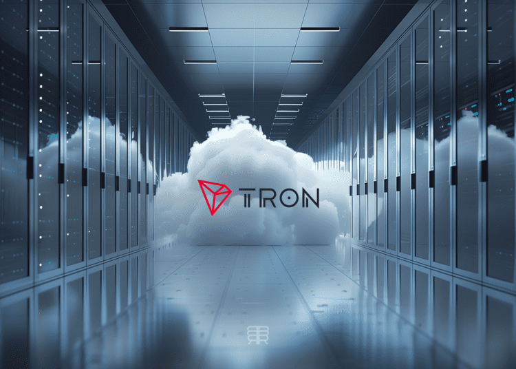 A stylized image of the TRON and Google Cloud logos merging together, symbolizing their partnership and collaboration.