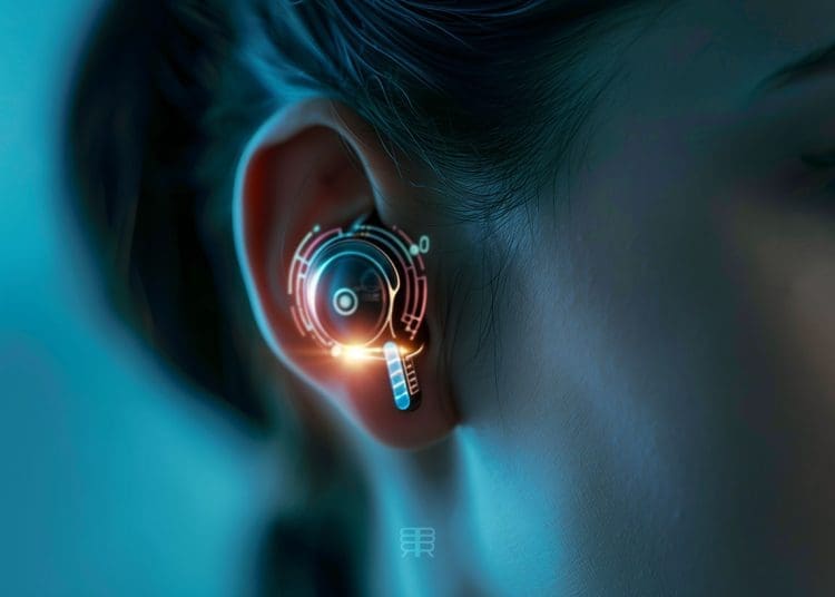 A close-up photo of a person's ear with a futuristic AI earbud glowing softly, highlighting the intimate connection between humans and AI voices.
