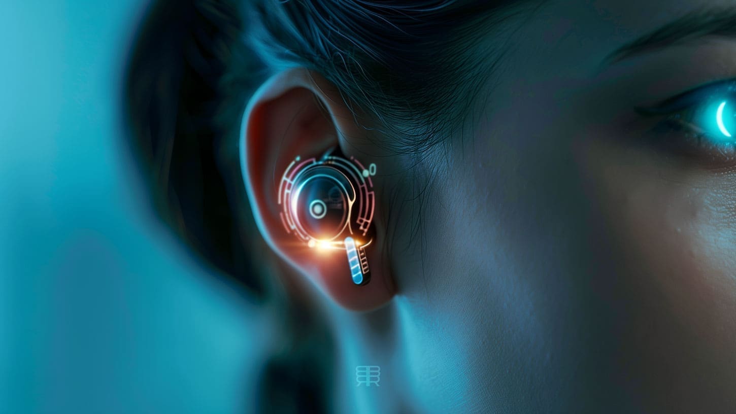 A close-up photo of a person's ear with a futuristic AI earbud glowing softly, highlighting the intimate connection between humans and AI voices.