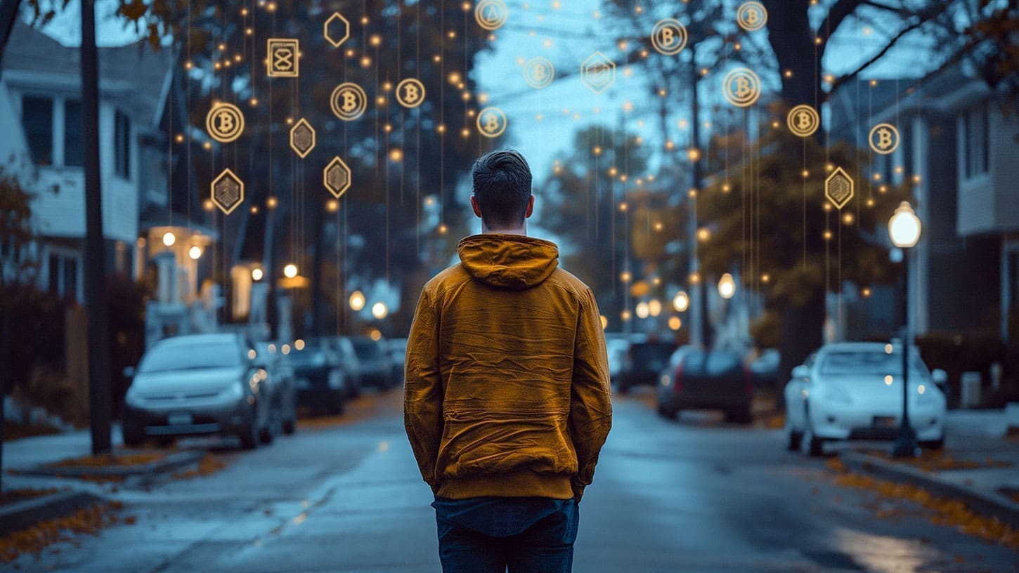 photo, man standing in a suburbia street where every house and car is made from Bitcoin or blockchain elements