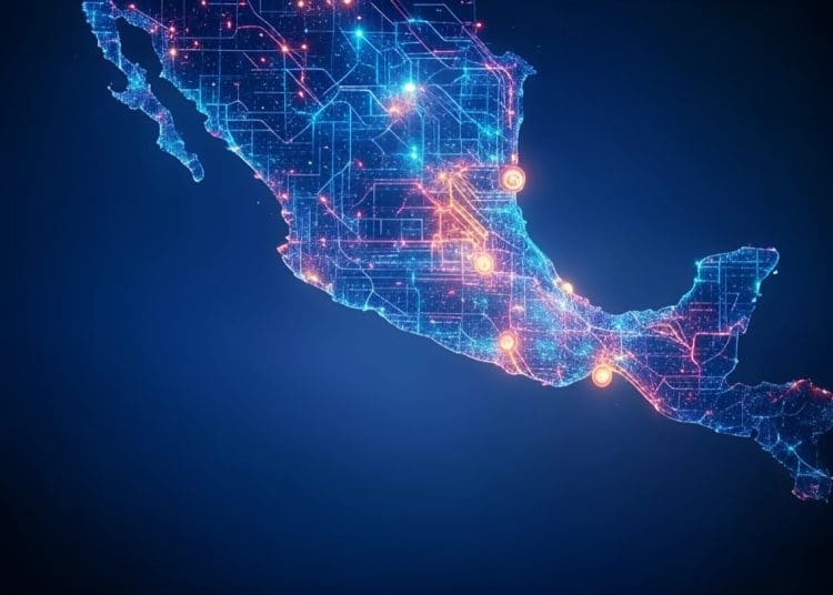 Latin America map styled as a circuit, showing crypto transaction and remittance flows across Mexico, Argentina, Brazil, and Colombia, with nodes at MoneyGram locations like OXXO, Cobro Express, and Bancolombia, linked by Stellar blockchain technology.