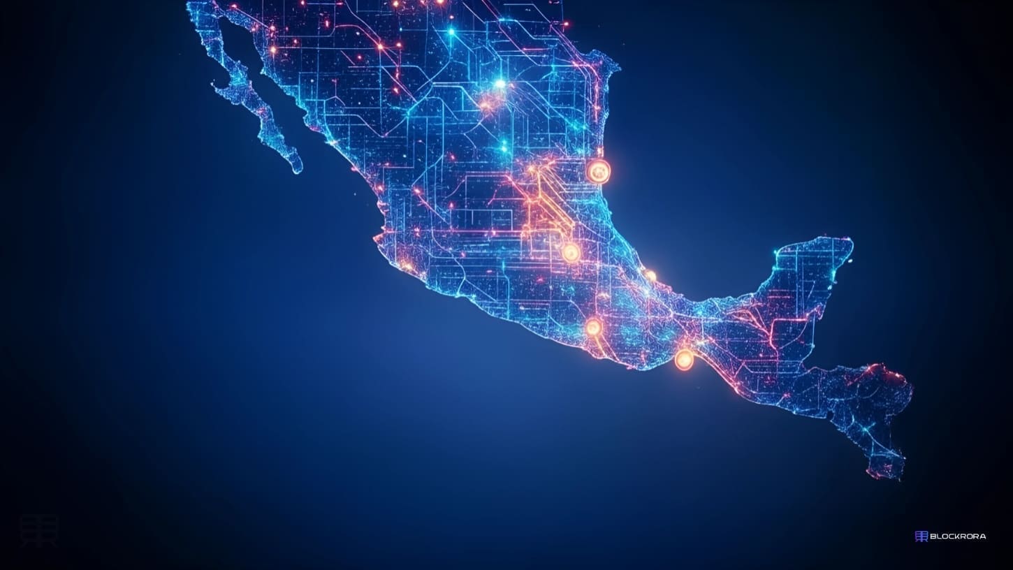 Latin America map styled as a circuit, showing crypto transaction and remittance flows across Mexico, Argentina, Brazil, and Colombia, with nodes at MoneyGram locations like OXXO, Cobro Express, and Bancolombia, linked by Stellar blockchain technology.