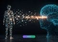 Abstract AI analyzing user behavior through digital social media icons representing data profiling and surveillance.
