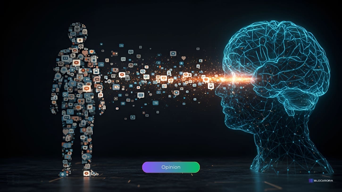Abstract AI analyzing user behavior through digital social media icons representing data profiling and surveillance.