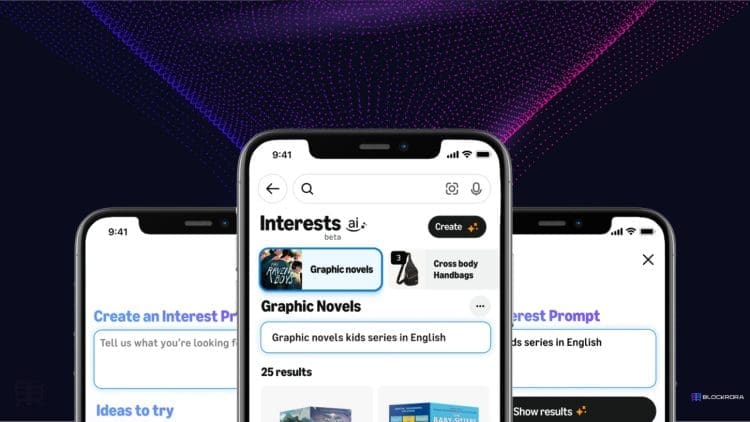 Close-up of Amazon’s Interests AI feature on mobile, showing a personalized prompt for graphic novels against a digital tech-themed background.