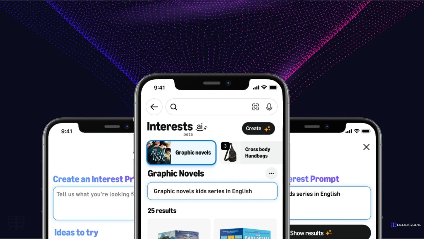 Close-up of Amazon’s Interests AI feature on mobile, showing a personalized prompt for graphic novels against a digital tech-themed background.