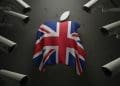 Apple logo covered with a UK flag surrounded by surveillance cameras, symbolizing Apple's secret UK encryption case and global privacy concerns.