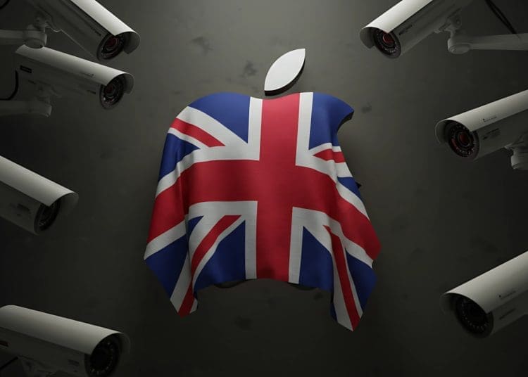 Apple logo covered with a UK flag surrounded by surveillance cameras, symbolizing Apple's secret UK encryption case and global privacy concerns.