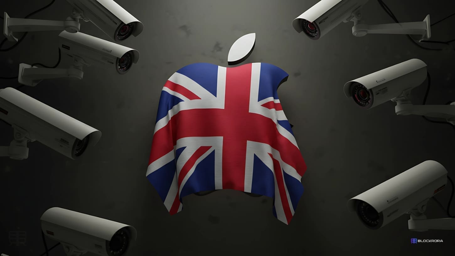 Apple logo covered with a UK flag surrounded by surveillance cameras, symbolizing Apple's secret UK encryption case and global privacy concerns.