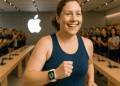 Smiling woman jogging through Apple Store wearing Apple Watch with fitness rings, cheered on by staff