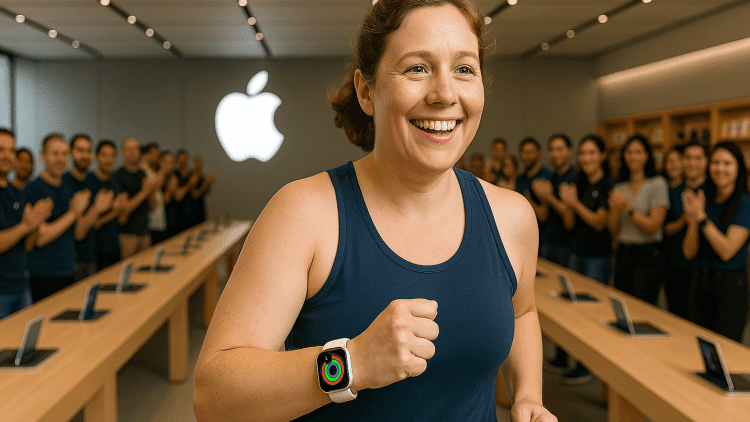 Smiling woman jogging through Apple Store wearing Apple Watch with fitness rings, cheered on by staff