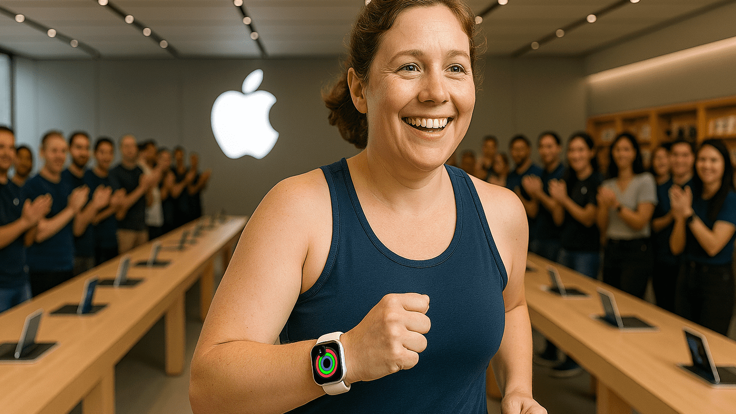 Smiling woman jogging through Apple Store wearing Apple Watch with fitness rings, cheered on by staff