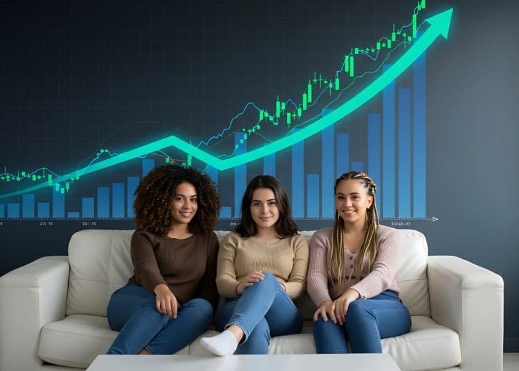 Three women crypto investors sitting together with rising investment chart, focusing on long-term wealth strategies.