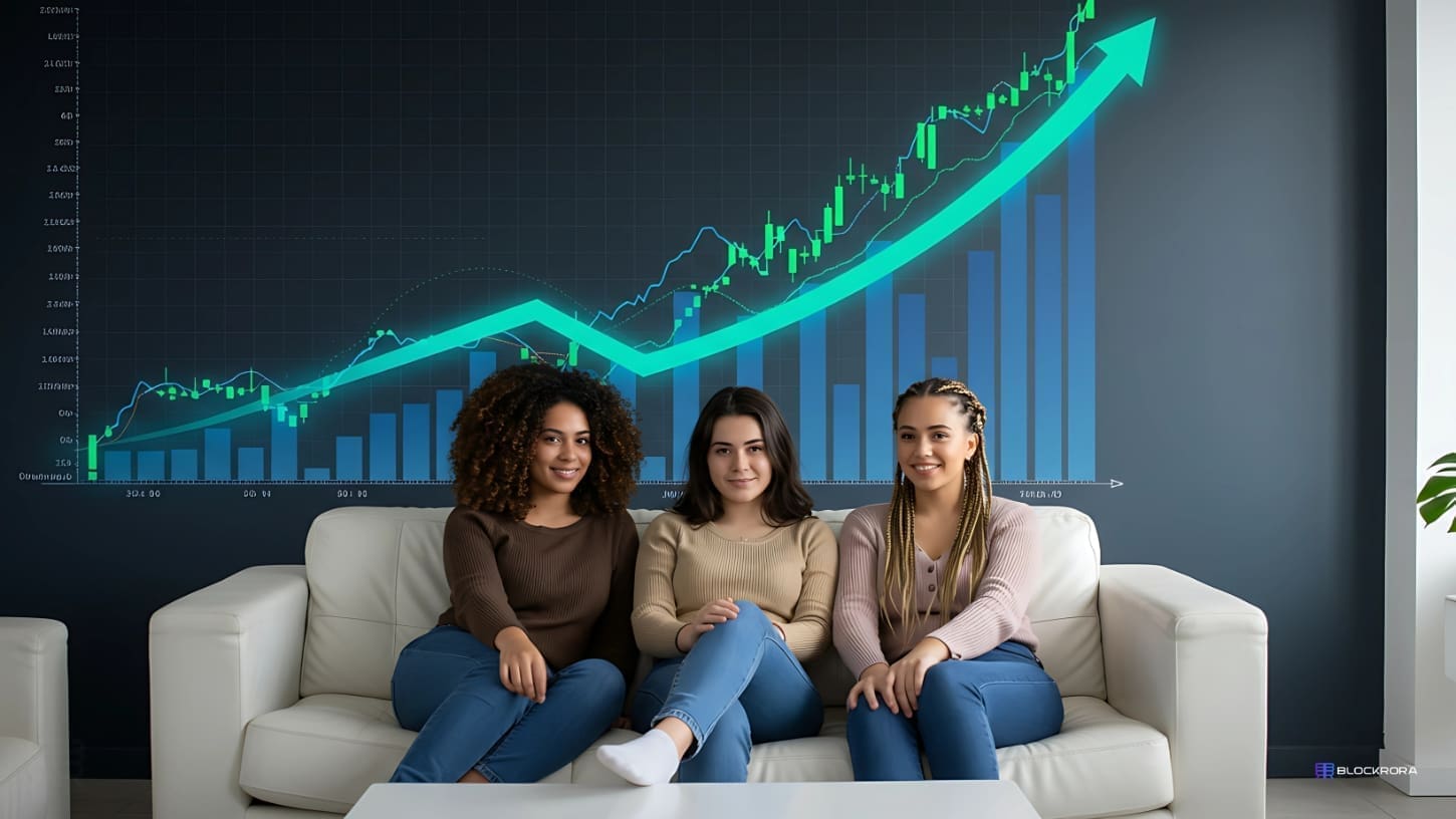 Three women crypto investors sitting together with rising investment chart, focusing on long-term wealth strategies.