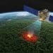 AI-powered FireSat satellite scanning a forest from space, detecting a wildfire with thermal imaging and real-time data processing.