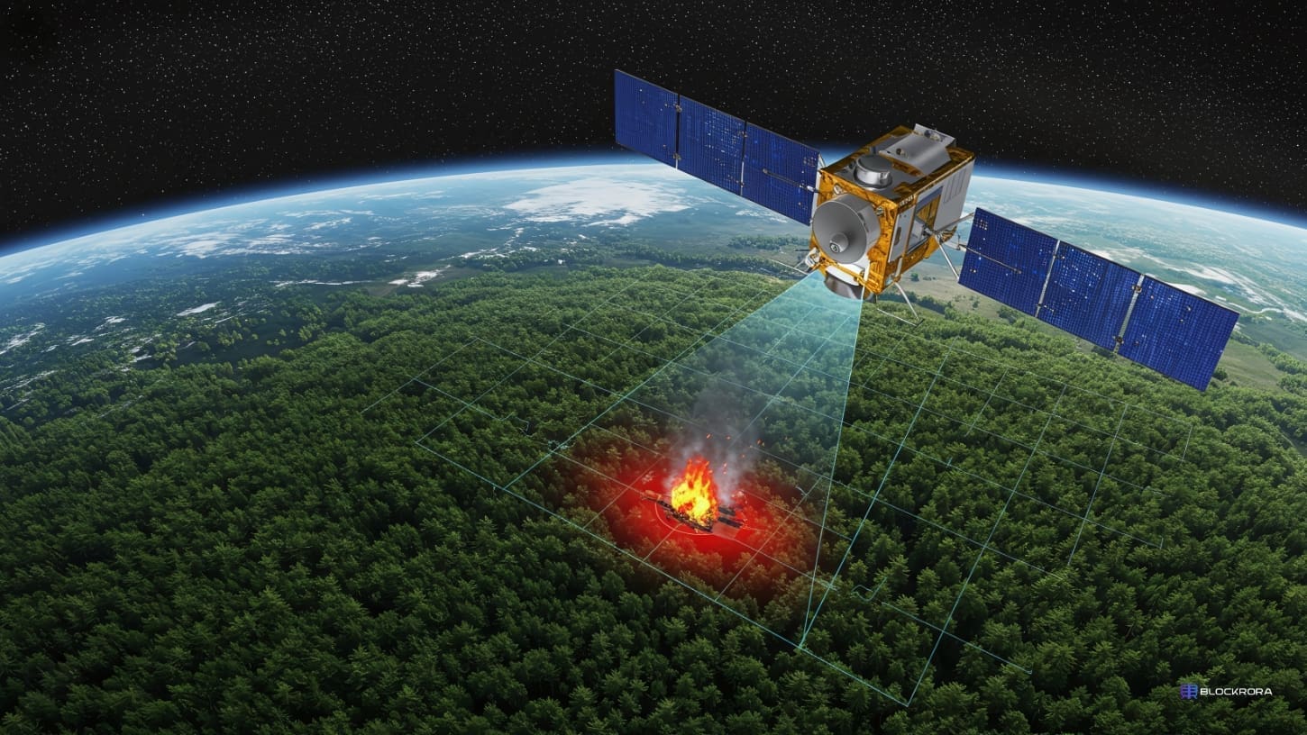 AI-powered FireSat satellite scanning a forest from space, detecting a wildfire with thermal imaging and real-time data processing.