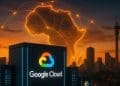 Google Cloud data center in Johannesburg with sunset skyline and glowing map of Africa representing cloud expansion and digital connectivity across the continent.
