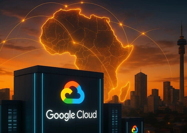 Google Cloud data center in Johannesburg with sunset skyline and glowing map of Africa representing cloud expansion and digital connectivity across the continent.
