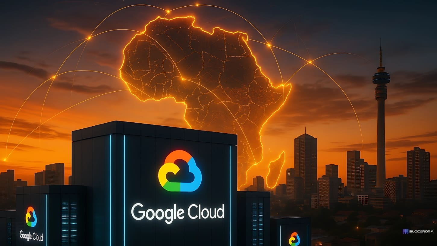 Google Cloud data center in Johannesburg with sunset skyline and glowing map of Africa representing cloud expansion and digital connectivity across the continent.