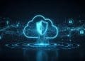 Futuristic cloud security concept with a glowing shield and interconnected data streams, representing advanced cybersecurity protection in cloud environments.