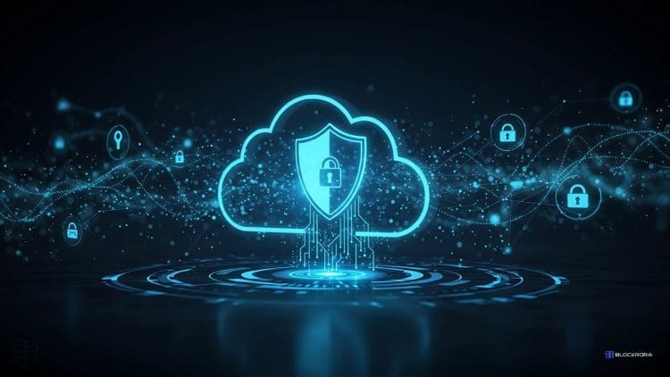 Futuristic cloud security concept with a glowing shield and interconnected data streams, representing advanced cybersecurity protection in cloud environments.