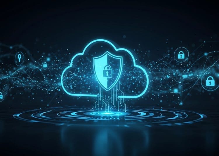 Futuristic cloud security concept with a glowing shield and interconnected data streams, representing advanced cybersecurity protection in cloud environments.