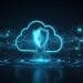 Futuristic cloud security concept with a glowing shield and interconnected data streams, representing advanced cybersecurity protection in cloud environments.