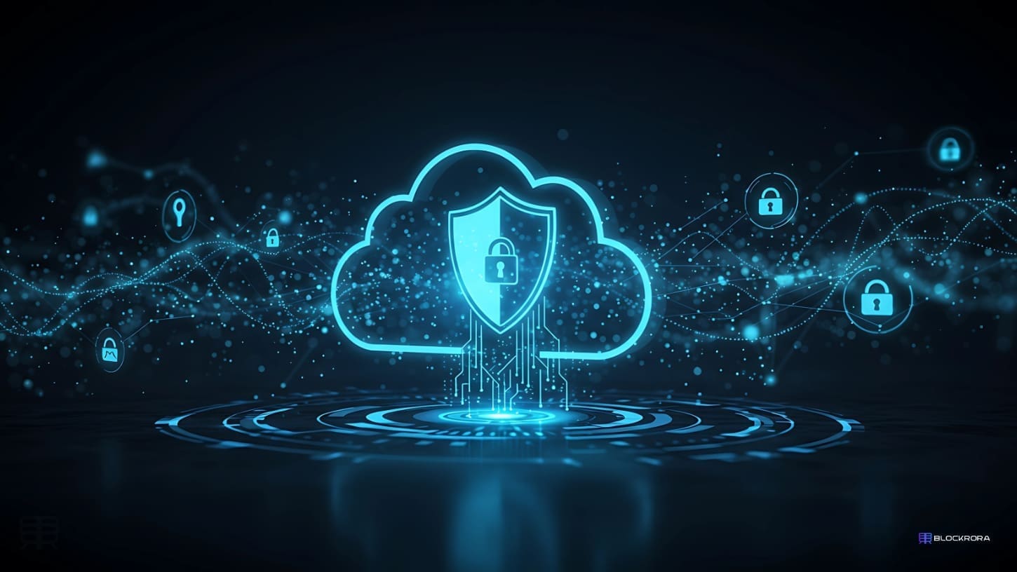 Futuristic cloud security concept with a glowing shield and interconnected data streams, representing advanced cybersecurity protection in cloud environments.