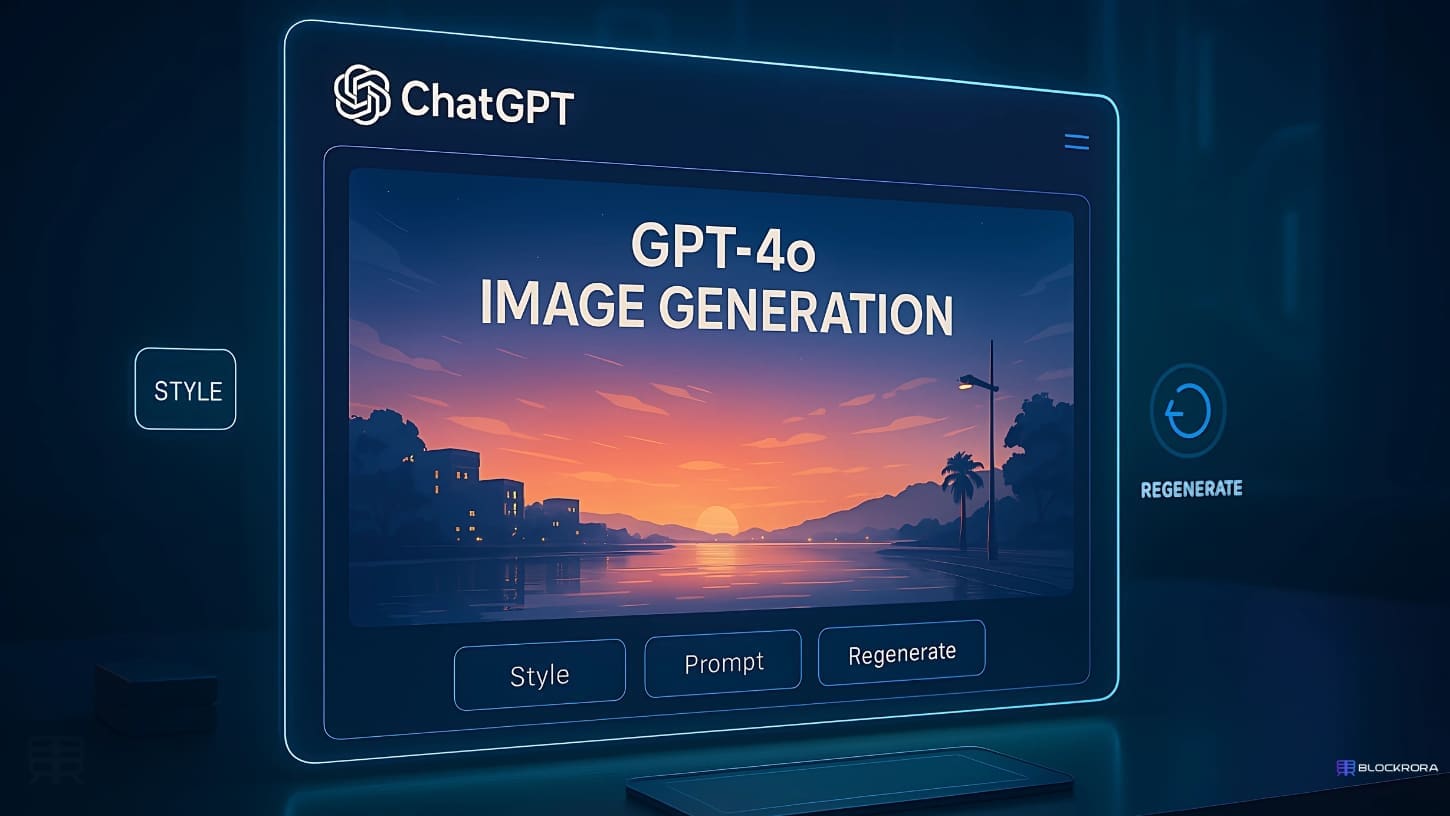 GPT-4o image generation interface displayed in a futuristic workspace, showing an AI-generated poster with readable text and real-time style controls
