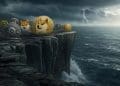 Meme coins like Dogecoin, Pepe, and Shiba Inu standing on the edge of a cliff, symbolizing the crypto market crash and uncertainty, with stormy ocean and lightning in the background.