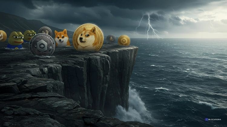 Meme coins like Dogecoin, Pepe, and Shiba Inu standing on the edge of a cliff, symbolizing the crypto market crash and uncertainty, with stormy ocean and lightning in the background.