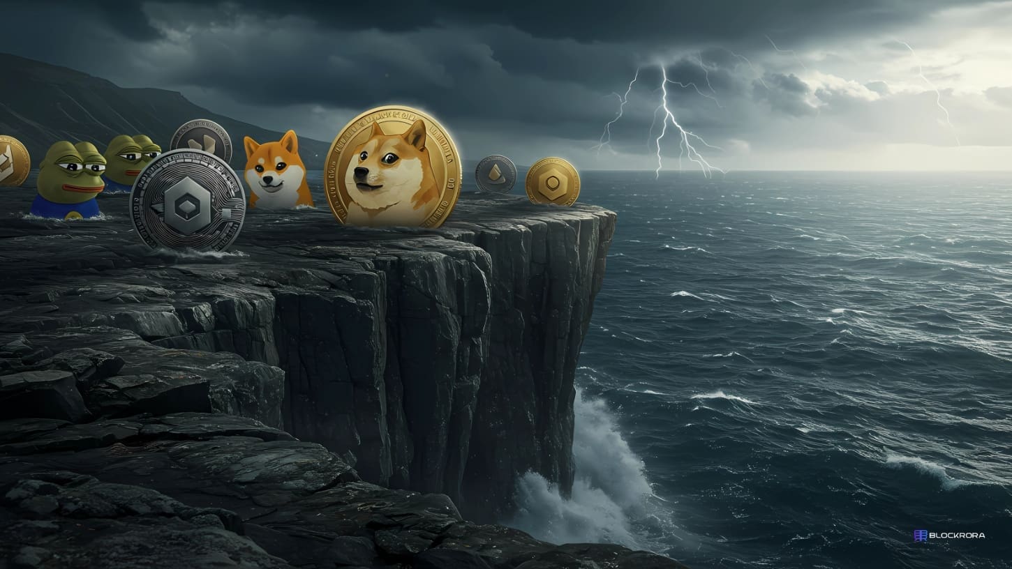 Meme coins like Dogecoin, Pepe, and Shiba Inu standing on the edge of a cliff, symbolizing the crypto market crash and uncertainty, with stormy ocean and lightning in the background.