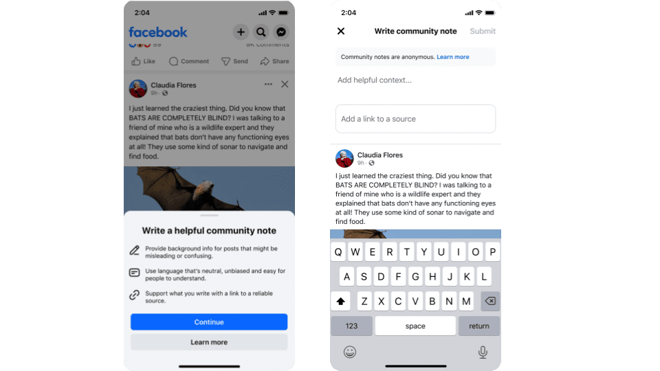 Screenshot of Meta’s Community Notes feature showing how to write and submit a community note on a Facebook post.