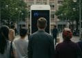 A visual representation of Meta's Community Notes, showing diverse individuals engaging with a large Meta-branded smartphone screen in a public setting. The image reflects the idea of community-driven moderation and public involvement in content review and fact-checking on Meta platforms.