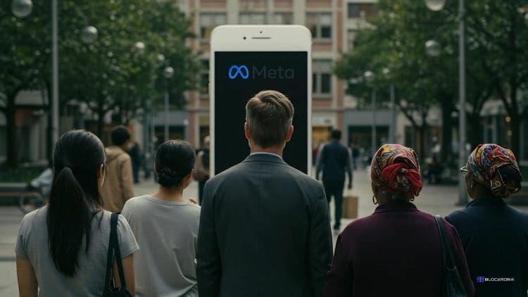 A visual representation of Meta's Community Notes, showing diverse individuals engaging with a large Meta-branded smartphone screen in a public setting. The image reflects the idea of community-driven moderation and public involvement in content review and fact-checking on Meta platforms.