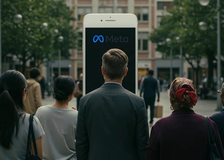 A visual representation of Meta's Community Notes, showing diverse individuals engaging with a large Meta-branded smartphone screen in a public setting. The image reflects the idea of community-driven moderation and public involvement in content review and fact-checking on Meta platforms.