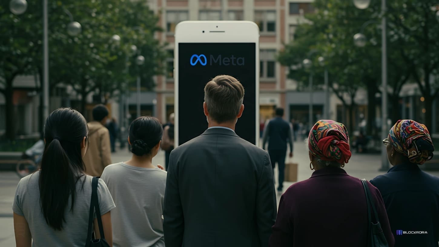A visual representation of Meta's Community Notes, showing diverse individuals engaging with a large Meta-branded smartphone screen in a public setting. The image reflects the idea of community-driven moderation and public involvement in content review and fact-checking on Meta platforms.