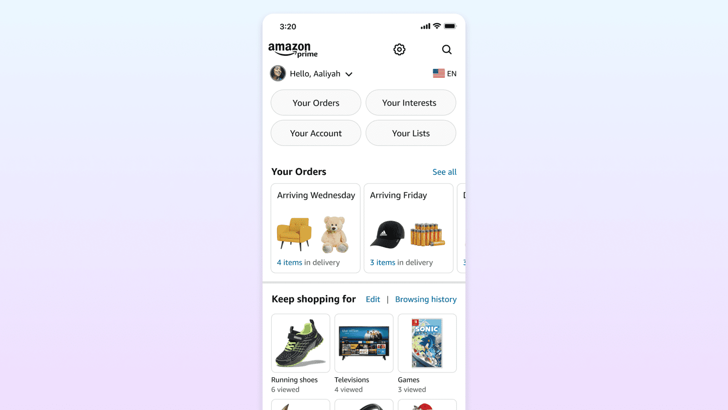 Screenshot of Amazon Shopping app showing how to access the Interests feature via the 'Me' tab on the homepage.