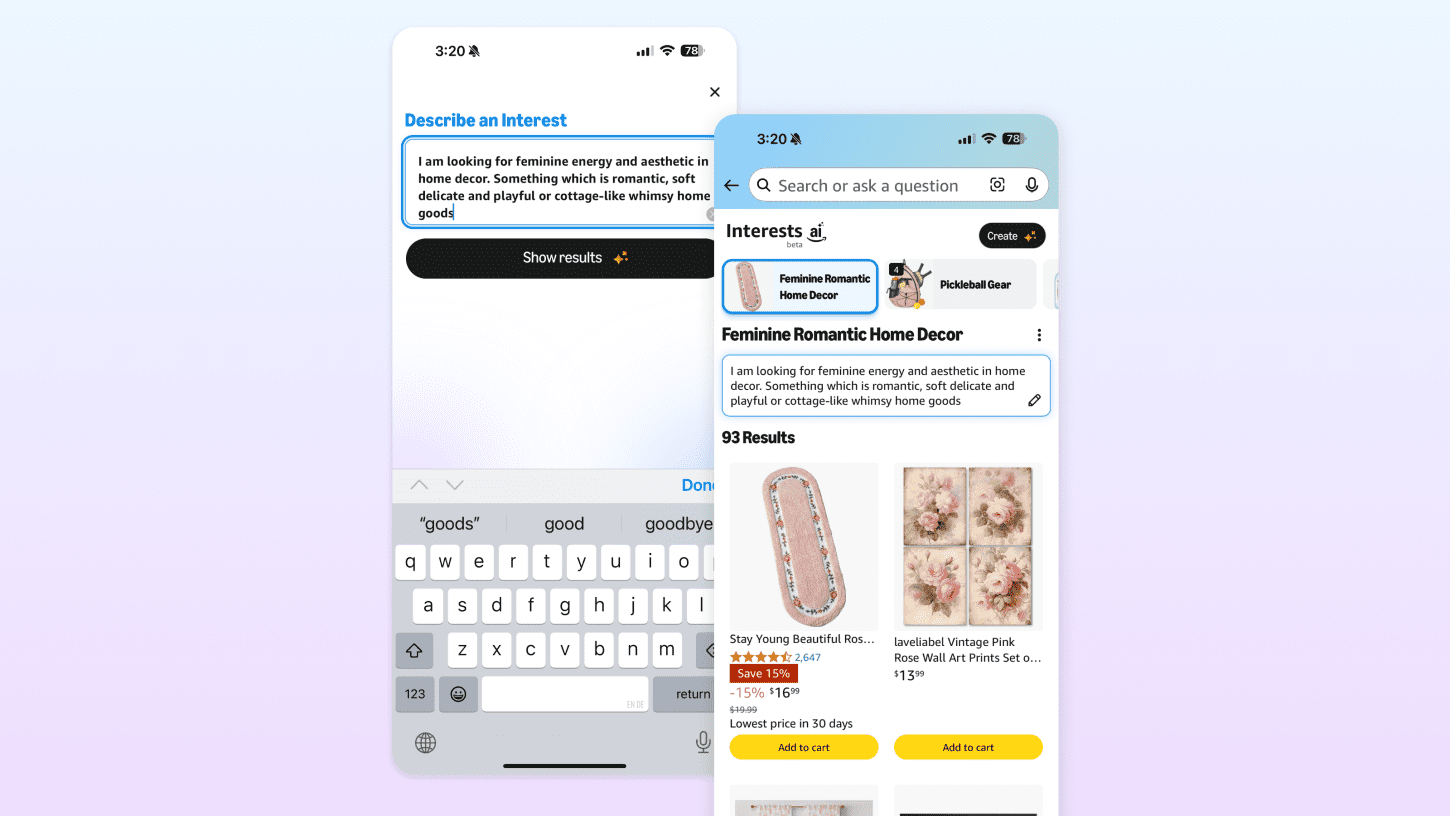 Screenshot of Amazon Interests AI interface showing saved personalized prompts and updated product results in the Interests tab.


