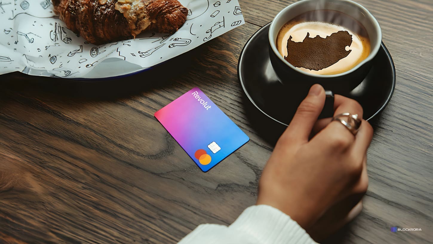 Revolut card on table with coffee cup showing South Africa map – symbolizing potential Revolut launch in South Africa