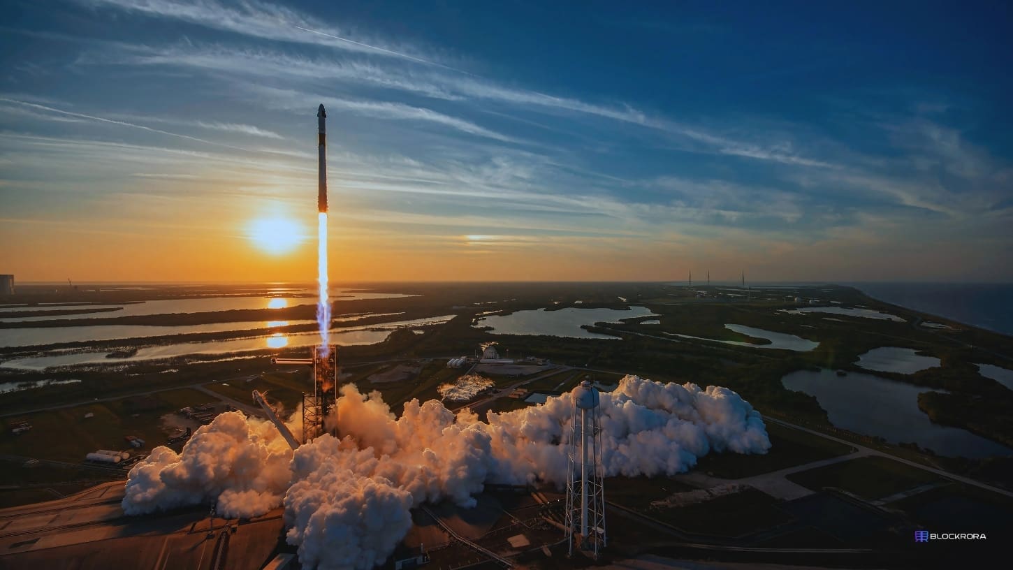 SpaceX Falcon 9 rocket launching Crew-10 mission at sunset with smoke and flames