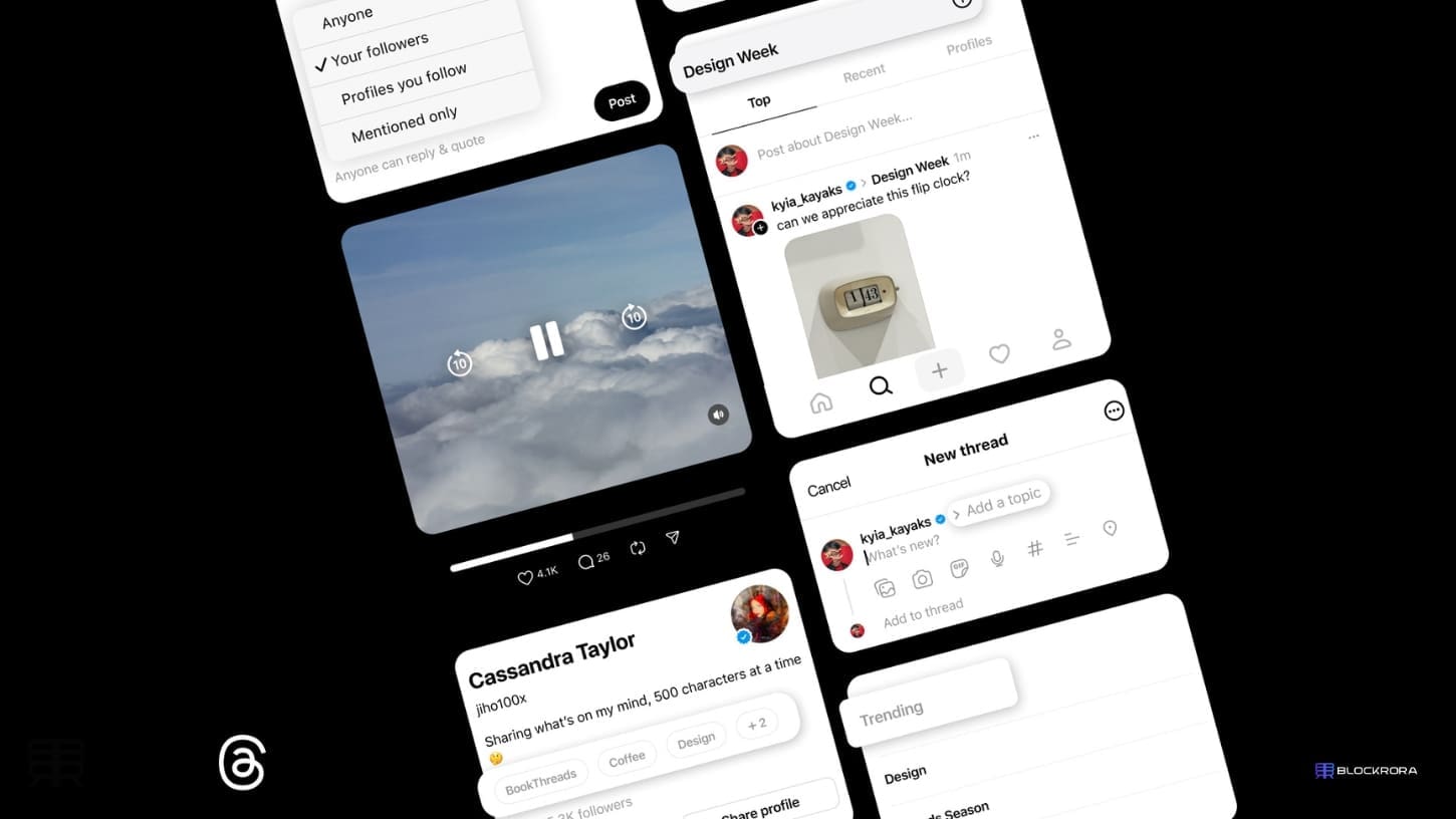 Collage of Threads app interface showing video playback, topic tags, trending searches, and reply controls—highlighting new personalized features.