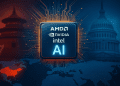 AI chip glowing with AMD, Nvidia, and Intel logos at center, flanked by U.S. Capitol and Chinese architecture, symbolizing tech export tension.