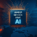 AI chip glowing with AMD, Nvidia, and Intel logos at center, flanked by U.S. Capitol and Chinese architecture, symbolizing tech export tension.