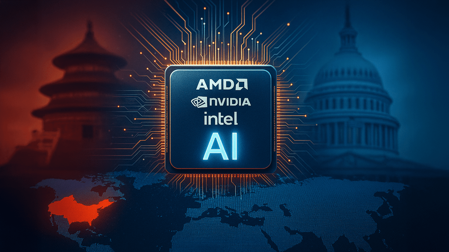 AI chip glowing with AMD, Nvidia, and Intel logos at center, flanked by U.S. Capitol and Chinese architecture, symbolizing tech export tension.