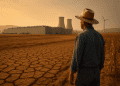 Large data center in a drought-hit region with cracked earth and a concerned farmer in the foreground