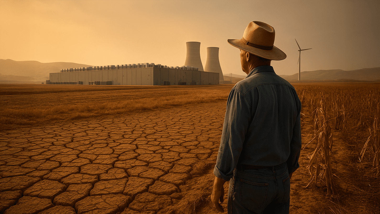 Large data center in a drought-hit region with cracked earth and a concerned farmer in the foreground