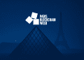 Digital illustration of the Louvre Pyramid and Eiffel Tower with Paris Blockchain Week 2025 logo on a connected network background.
