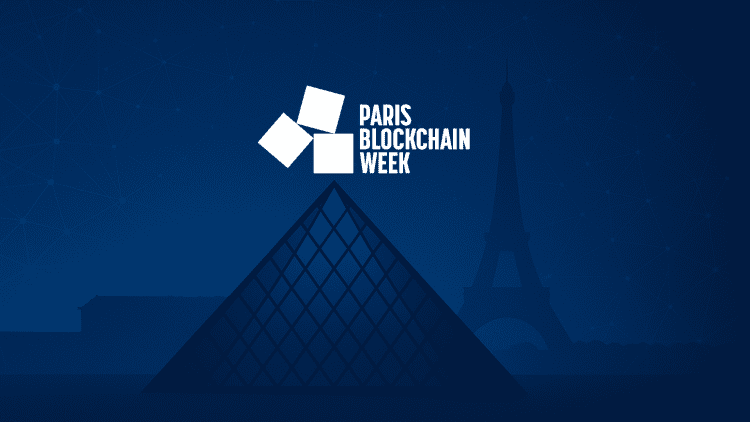 Digital illustration of the Louvre Pyramid and Eiffel Tower with Paris Blockchain Week 2025 logo on a connected network background.
